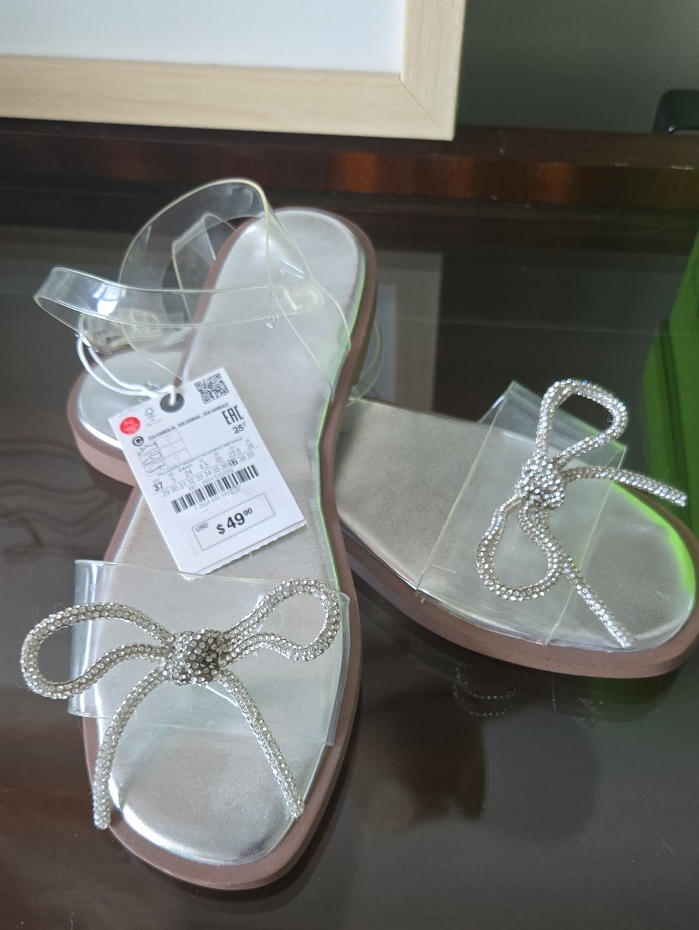 Zara Clear Strap Sandals with Crystal Bow - Silver
